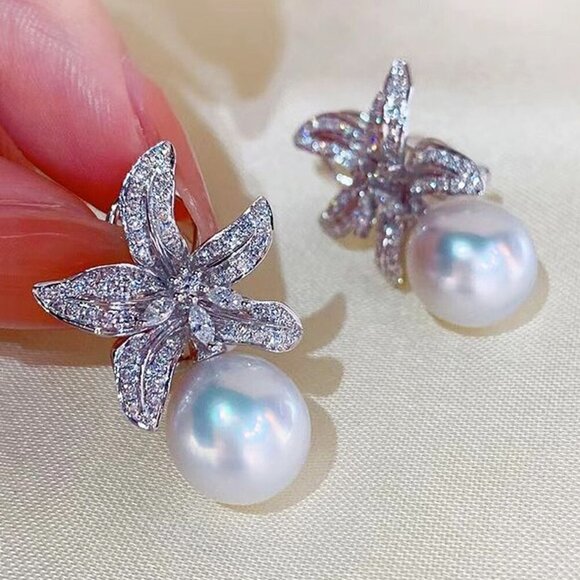 🎀925 Silver Plating CZ Crystal Imitation Pearl Starfish Earring, HA4526 - Picture 1 of 5